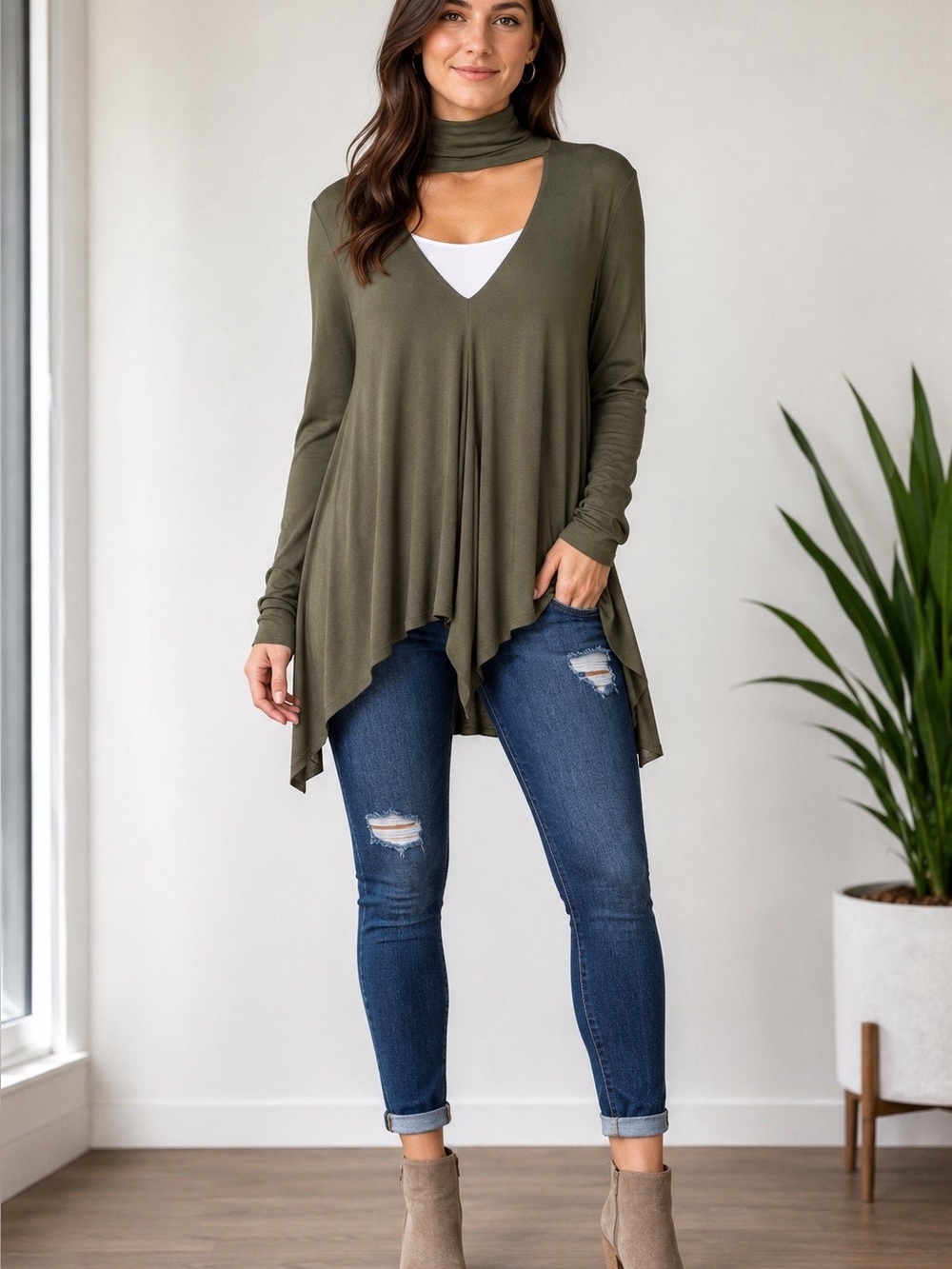 Free People Olive Green Asymmetrical Top Medium M